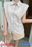 Turn Down Collar Retro Sleeveless Striped Blouse Shirt
