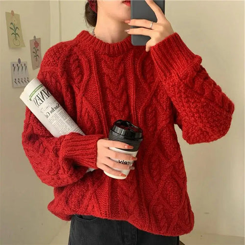 O-Neck Retro Knitted Red Colors Sweater