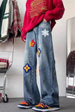 Hip Hop Vintage Flower Embroidered Men Jeans Pants