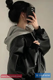 Loose Grey Hooded Leather Cropped Jacket