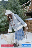 Person in winter clothing with a goat in a snowy setting, promotional text at the bottom.