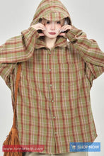 Long Sleeve Loose Plaid Pattern Hooded Shirt