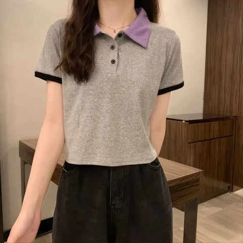 Short Sleeve Cute Colors Combination Collar Shirt