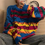 Long Sleeve Retro Striped Graffiti Pattern O-Neck Sweater