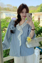 Long Sleeve Lace Neck Striped Blouse Shirts
