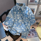Short Sleeve Floral Printed Denim Shirts
