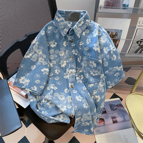 Short Sleeve Floral Printed Denim Shirts