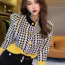 Long Sleeve Retro Houndstooth Pattern Short Cardigan Sweater