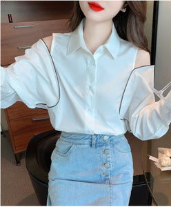 Long Sleeve Elegant Cut Shoulder Office Blouse Shirt