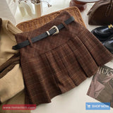 High Waist Retro Belted Plaid Pleated Mini Skirts