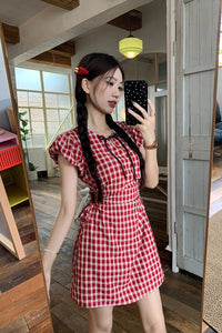 Vintage Red Plaid Slim Mini Dress