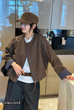 Loose Plaid Back Sided O-Neck Zipper Jacket