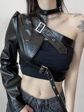 Long Sleeve One Shoulder Leather Belt Crop Tops