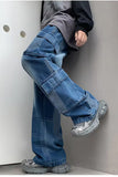Vintage Plaid Patchwork Men Cargo Jeans Pants