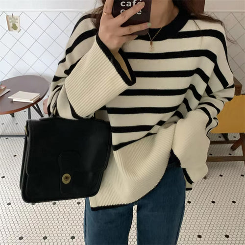 Flare Sleeve Retro Striped Knitted Sweater