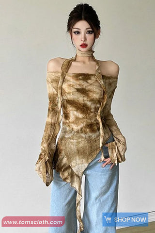 Long Sleeve Slash Neck Off Shoulder Cropped Shirts