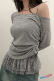 Long Sleeve Off Shoulder Lace Trim Knitted Shirt