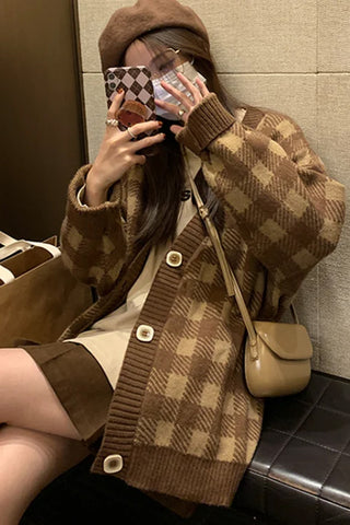Long Sleeve Chessboard Plaid Knitted Cardigan Sweater