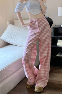 High Waist Elegant Pink Plaid Wide Leg Long Pants