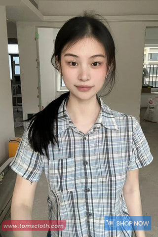 Short Sleeve Plaid Pattern Pocket Slim Blouse Shirt