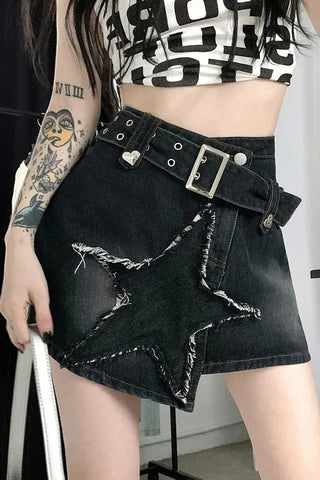 Belted Stars Pattern Embroidered Black Denim Skirts