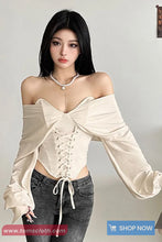 Long Sleeve Slash Neck Sexy Bandage Cropped Shirt
