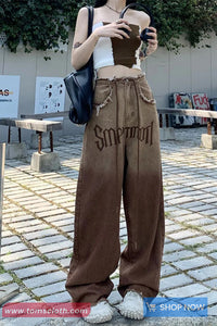 High Waist Retro Tassel Brown Jeans Pants