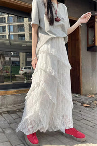 Loose Elegant Lace Mesh White Long Skirts