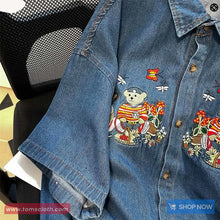 Casual Cute Bear Embroidered Loose Denim Blouse Shirt