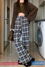 High Waist Loose Vintage Blue Plaid Pants
