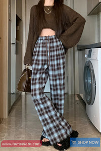 High Waist Loose Vintage Blue Plaid Pants
