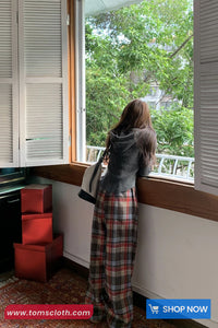 High Waist Elastic Retro Plaid Colors Loose Pants