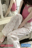 High Waist Flowers Pattern White Jeans Pants