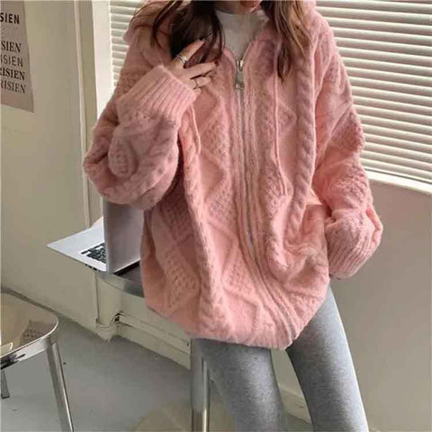 Long Sleeve Zipper Hooded Knitted Sweater