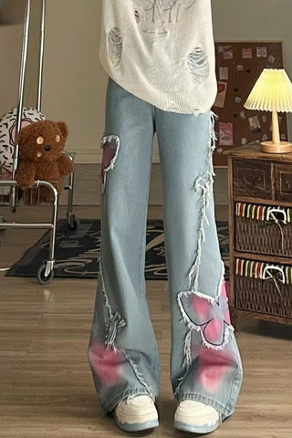High Waist Retro Pink Blended Butterfly Jeans Pants