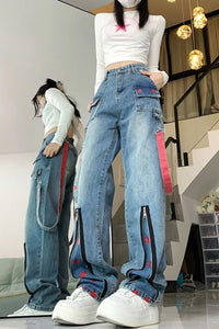High Waist Zipper Stars Pattern Jeans Pants