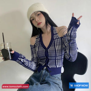 Long Sleeve Sexy Off Shoulder Blue Plaid Knitted Shirt