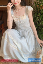 Long Retro Elegant Sweet Lace Patchwork Blue Dress