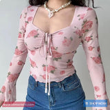 Flare Sleeve Rose Flower Pattern Pink Mesh Shirts