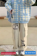 Cute Puppy Embroidered Cargo Pockets Corduroy Pants