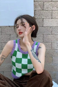 Colorful Plaid Pattern Knitted Crop Tops