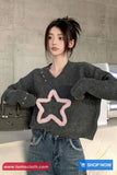 Long Sleeve 3D Star Pattern V-Neck Cropped Sweater