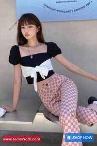 Casual Pink Checkered Slim Flare Long Pants