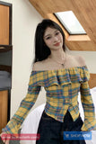 Long Sleeve Ruffles Off Shoulder Plaid Blouse Shirt
