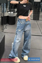 Unique Irregular Pocket Button Ripped Denim Pants