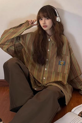 Long Sleeve Vintage Striped Blouse Shirt