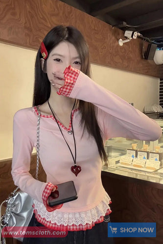 Long Sleeve Plaid Pattern Lace Trim Pink Shirt