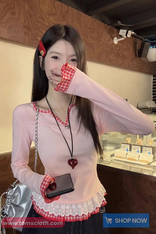 Long Sleeve Plaid Pattern Lace Trim Pink Shirt