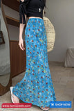 High Waist Blue Floral Pattern Mermaid Long Skirts