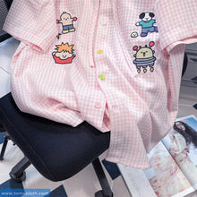 Pink Plaid Cartoon Embroidered Peter Pan Collar Blouse Shirt
